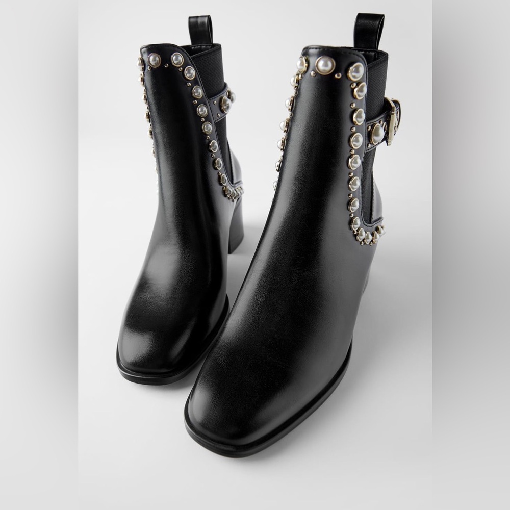 Zara Stud & Pearl Ankle Boots Black Colour